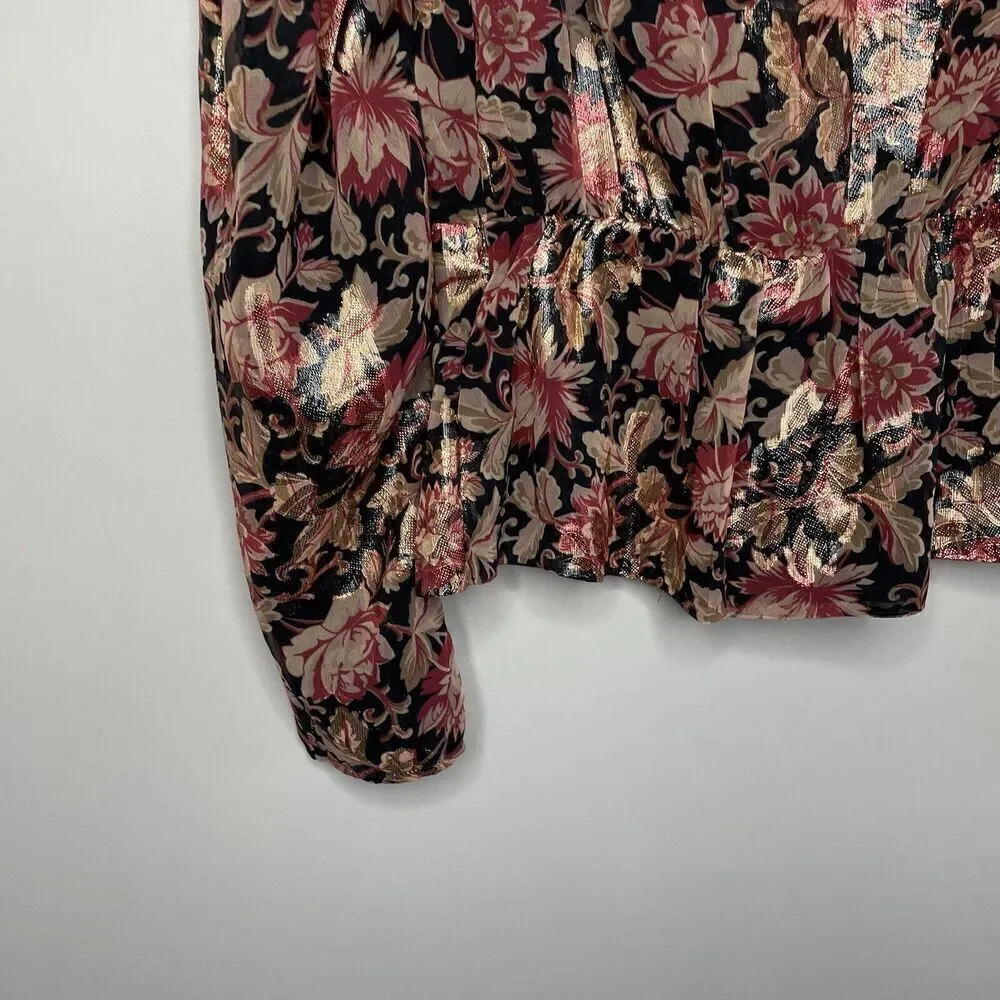 EXPRESS Top Womens Small S Metallic Gold Red Floral Peplum Blouse NEW Faux Wrap - Picture 6 of 10